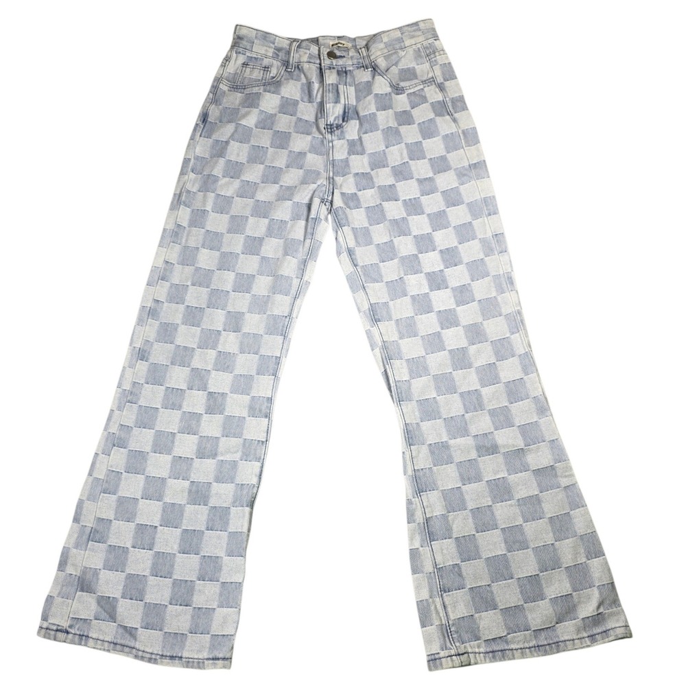 Kollyy Womens Light Wash Checkered Wide Leg Jeans Blue Size L High Waisted Denim